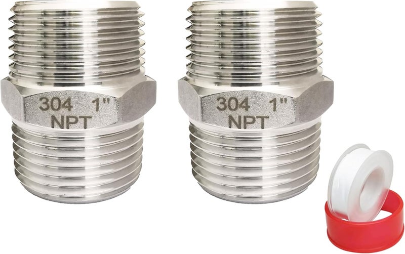 POTONZ 1" Male x 1" Male NPT Threaded Hex Nipple Pipe Fittings 304 Stainless Steel Pipe Adapter Fittings Equal Nipples Connectors With Teflon Plumbers Tape (Pack of 2) - Image 1